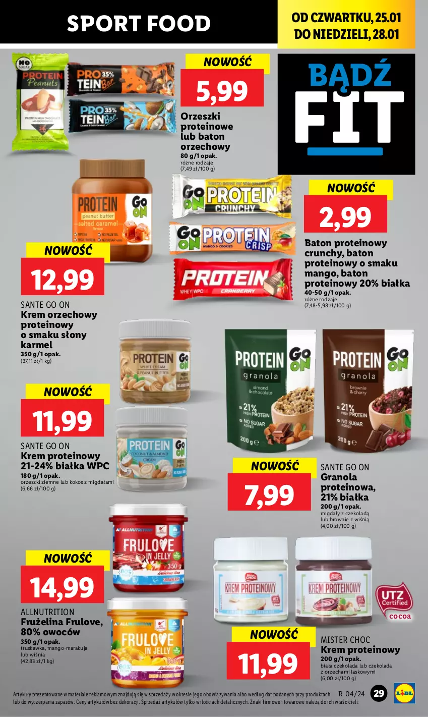 Gazetka promocyjna Lidl - GAZETKA - ważna 25.01 do 28.01.2024 - strona 29 - produkty: Baton, Brownie, Czekolada, Frużelina, Gra, Granola, Kokos, Krem orzechowy, Mango, Migdały, Orzeszki, Orzeszki ziemne, Por, Sante, Sport