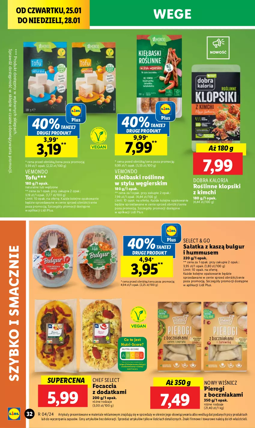 Gazetka promocyjna Lidl - GAZETKA - ważna 25.01 do 28.01.2024 - strona 32 - produkty: Boczniak, Bulgur, Focaccia, Hummus, Klopsiki, LG, Mus, Olej, Pierogi, Sałat, Sałatka, Tofu, Wazon