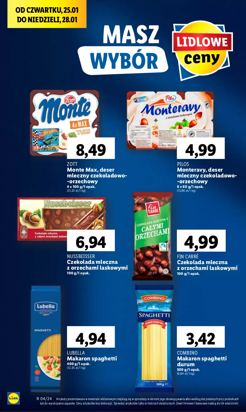 Gazetka promocyjna Lidl - GAZETKA - ważna 25.01 do 28.01.2024 - strona 36 - produkty: Bell, Bella, Czekolada, Czekolada mleczna, Deser, Deser mleczny, Lubella, Makaron, Monte, Pilos, Rum, Ser, Spaghetti, Tera, Zott