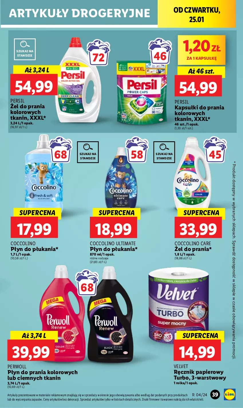 Gazetka promocyjna Lidl - GAZETKA - ważna 25.01 do 28.01.2024 - strona 43 - produkty: Coccolino, Kapsułki do prania, Papier, Persil, Perwoll, Płyn do płukania, Płyn do prania, Ręcznik, Velvet