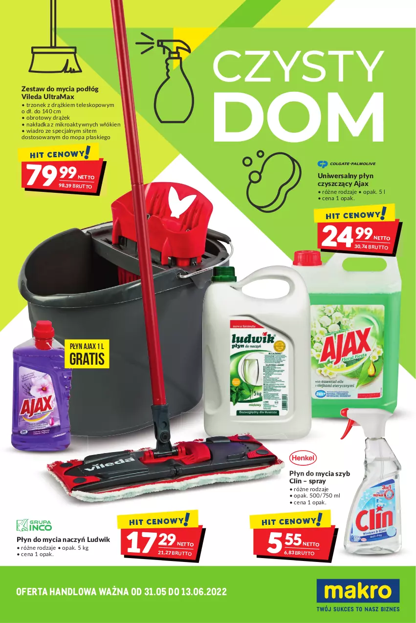 Gazetka promocyjna Makro - [Oferta Specjalna] Czysty dom - ważna 31.05 do 13.06.2022 - strona 1 - produkty: Ajax, Clin, Do mycia naczyń, Gra, Ludwik, Mop, Płyn do mycia, Płyn do mycia naczyń, Rama, Teleskop, Uniwersalny płyn czyszczący, Vileda, Wiadro