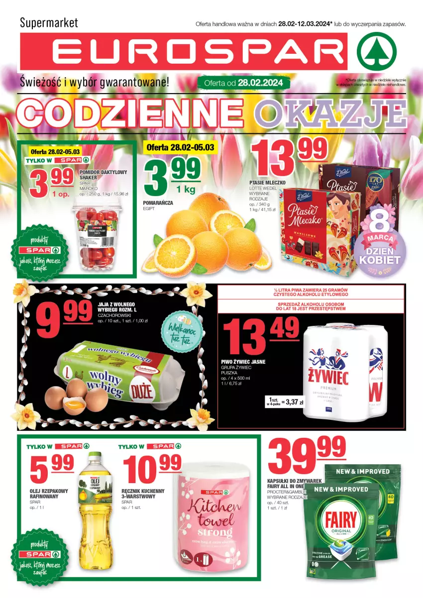 Gazetka promocyjna Spar - EuroSpar - ważna 25.02 do 06.03.2024 - strona 1 - produkty: Fa, Fairy, Jaja, Jaja z wolnego wybiegu, LG, Mleczko, Olej, Olej rzepakowy, Piwo, Ptasie mleczko, Ręcznik, Ręcznik kuchenny