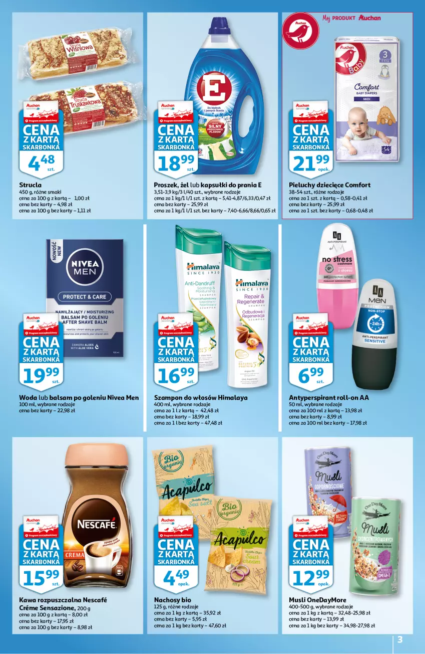 Gazetka promocyjna Auchan - Skarbonka #26 - ważna 01.07 do 07.07.2021 - strona 3 - produkty: Antyperspirant, Balsam po goleniu, Dzieci, Himalaya, Kapsułki do prania, Kawa, Kawa rozpuszczalna, Mus, Nivea, Nivea Men, Pieluchy, Strucla, Szampon, Woda