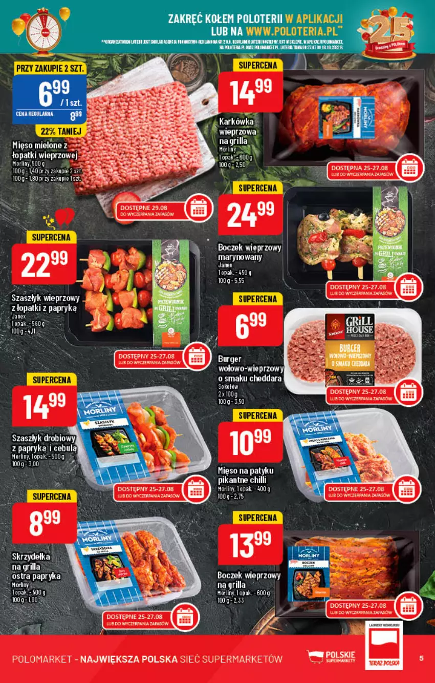 Gazetka promocyjna PoloMarket - Gazetka pomocyjna - ważna 24.08 do 30.08.2022 - strona 5 - produkty: Boczek, Boczek wieprzowy, Cheddar, Fa, Grill, HP, Mięso, Mięso mielone, Mięso mielone z łopatki wieprzowej, Morliny, Papryka