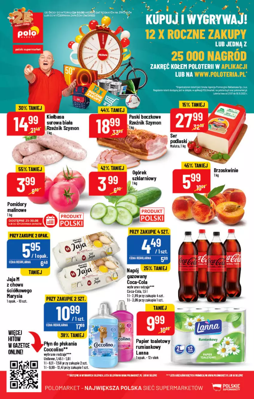 Gazetka promocyjna PoloMarket - Gazetka pomocyjna - ważna 24.08 do 30.08.2022 - strona 54 - produkty: Brzoskwinie, Coca-Cola, Coccolino, Gry, Jaja, Kiełbasa, Ogórek, Papier, Papier toaletowy, Płyn do płukania, Podlaski, Pomidory, Rum, Ser