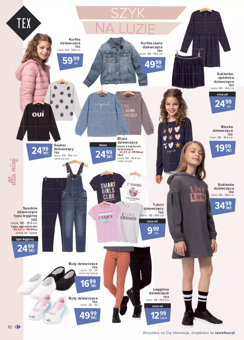 Gazetka promocyjna Carrefour - Gazetka Przewodnik po jesiennych trendach - ważna 30.08 do 11.09.2021 - strona 10 - produkty: Bluza, Bluza z kapturem, Buty, Gin, Kurtka, Legginsy, Spódnica, Spodnie, Sukienka, Sweter, T-shirt