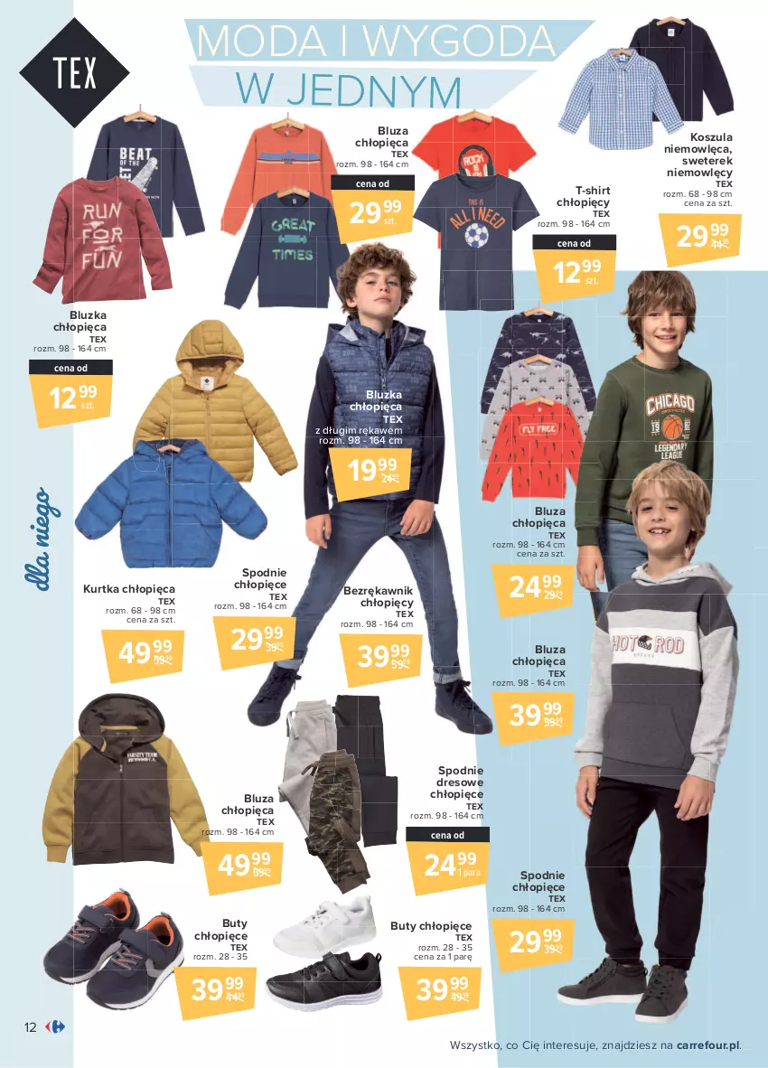 Gazetka promocyjna Carrefour - Gazetka Przewodnik po jesiennych trendach - ważna 30.08 do 11.09.2021 - strona 12 - produkty: Bluza, Buty, Dres, Kosz, Koszula, Kurtka, Moda, Spodnie, Spodnie dresowe, Sweter, T-shirt