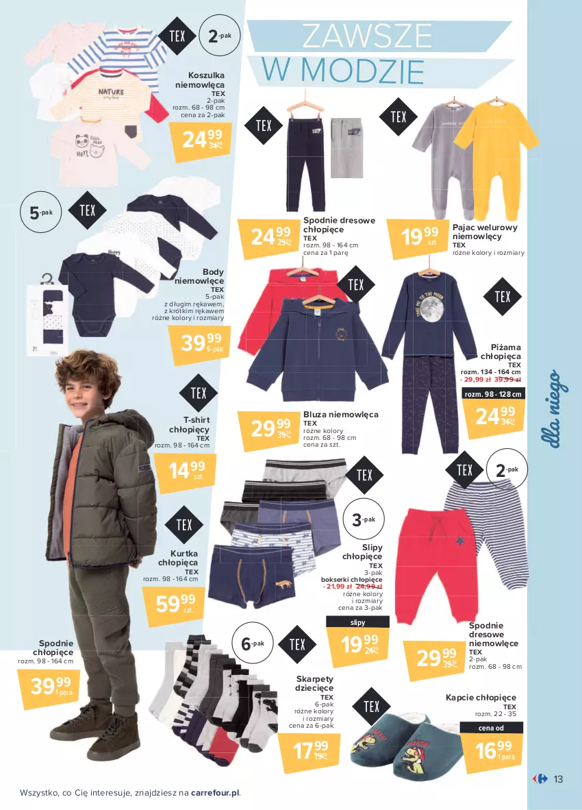 Gazetka promocyjna Carrefour - Gazetka Przewodnik po jesiennych trendach - ważna 30.08 do 11.09.2021 - strona 13 - produkty: Bluza, Body, Bokserki, Dres, Dzieci, Kapcie, Karp, Kosz, Koszulka, Kurtka, Pajac, Piżama, Ser, Slipy, Spodnie, Spodnie dresowe, T-shirt