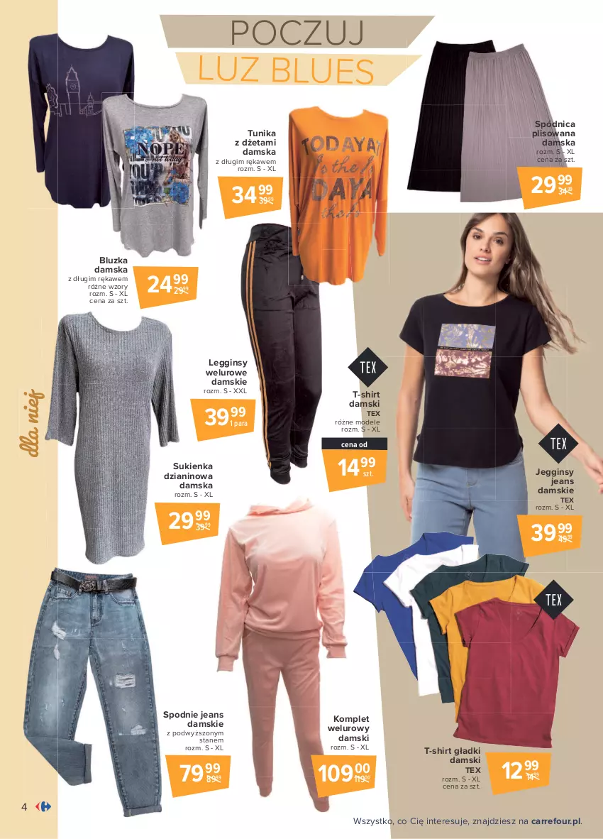 Gazetka promocyjna Carrefour - Gazetka Przewodnik po jesiennych trendach - ważna 30.08 do 11.09.2021 - strona 4 - produkty: Gin, Legginsy, Spódnica, Spodnie, Spodnie jeans, Sukienka, T-shirt, Tunika