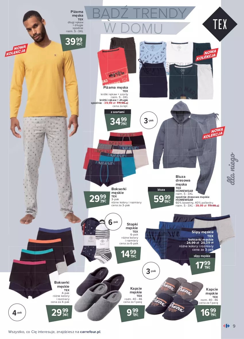 Gazetka promocyjna Carrefour - Gazetka Przewodnik po jesiennych trendach - ważna 30.08 do 11.09.2021 - strona 9 - produkty: Bluza, Bluza dresowa, Bokserki, Dres, Kapcie, Piżama, Ser, Slipy, Spodnie, Spodnie dresowe, Szorty, Top