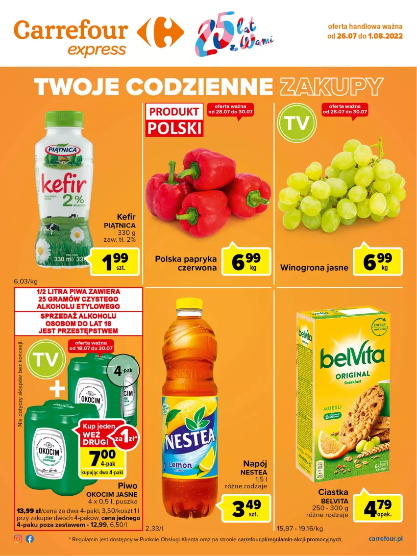 Gazetka promocyjna Carrefour - Gazetka Express - ważna 26.07 do 01.08.2022 - strona 2 - produkty: BelVita, Ciastka, Kefir, Koc, Kosz, Napój, Nestea, Okocim, Papryka, Papryka czerwona, Piątnica, Piwa