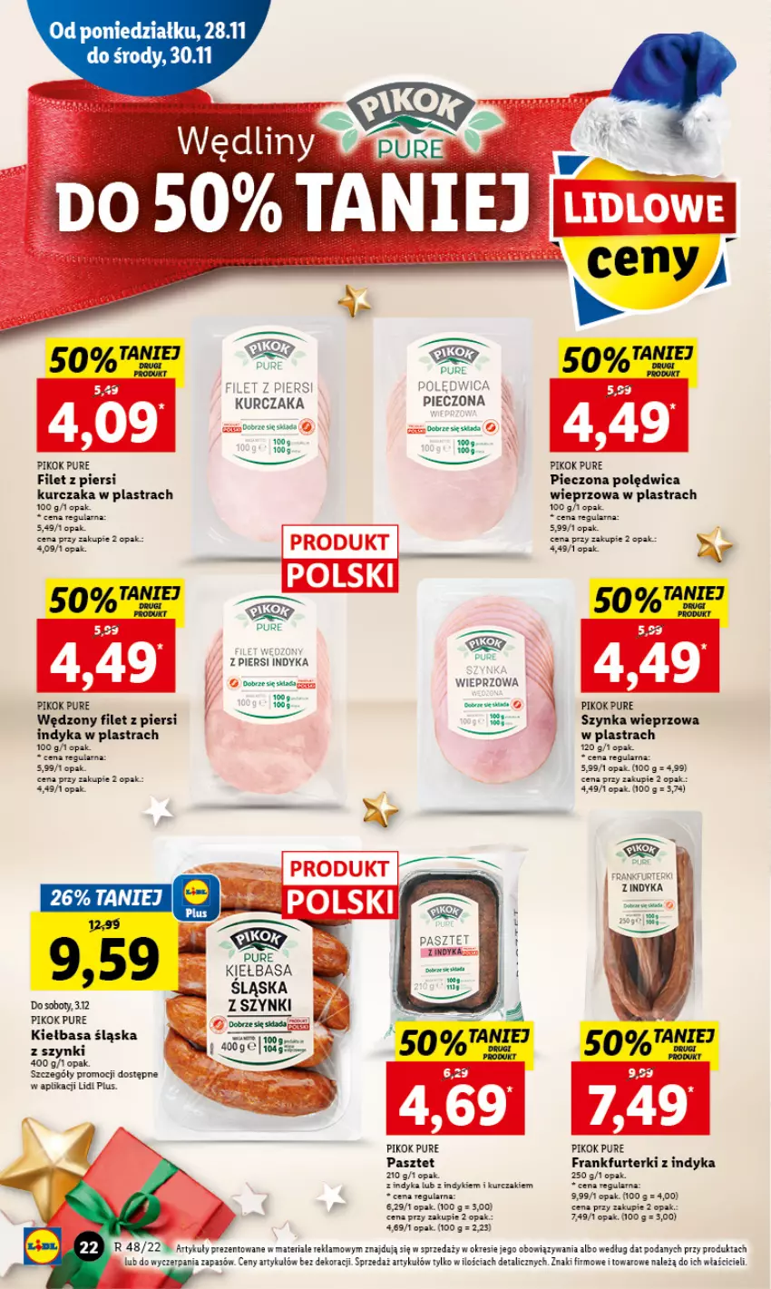 Gazetka promocyjna Lidl - GAZETKA - ważna 28.11 do 30.11.2022 - strona 24 - produkty: Filet z piersi indyka, Filet z piersi kurczaka, Frankfurterki, Kiełbasa, Kiełbasa śląska, Kurczak, Pasztet, Piec, PIKOK, Polędwica, Pur, Szynka, Szynka wieprzowa