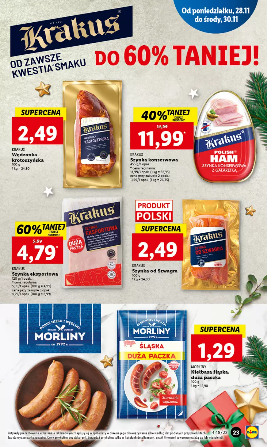 Gazetka promocyjna Lidl - GAZETKA - ważna 28.11 do 30.11.2022 - strona 25 - produkty: Kiełbasa, Kiełbasa śląska, Krakus, Morliny, Por, Ser, Sport, Szynka, Szynka konserwowa