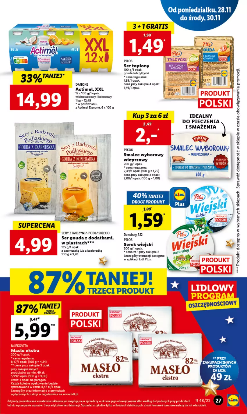 Gazetka promocyjna Lidl - GAZETKA - ważna 28.11 do 30.11.2022 - strona 29 - produkty: Actimel, Danone, Gaga, Gouda, Gra, Kokos, LG, Masło, Piec, PIKOK, Pilos, Podlaski, Por, Ser, Ser topiony, Serek, Serek wiejski, Smalec, Top