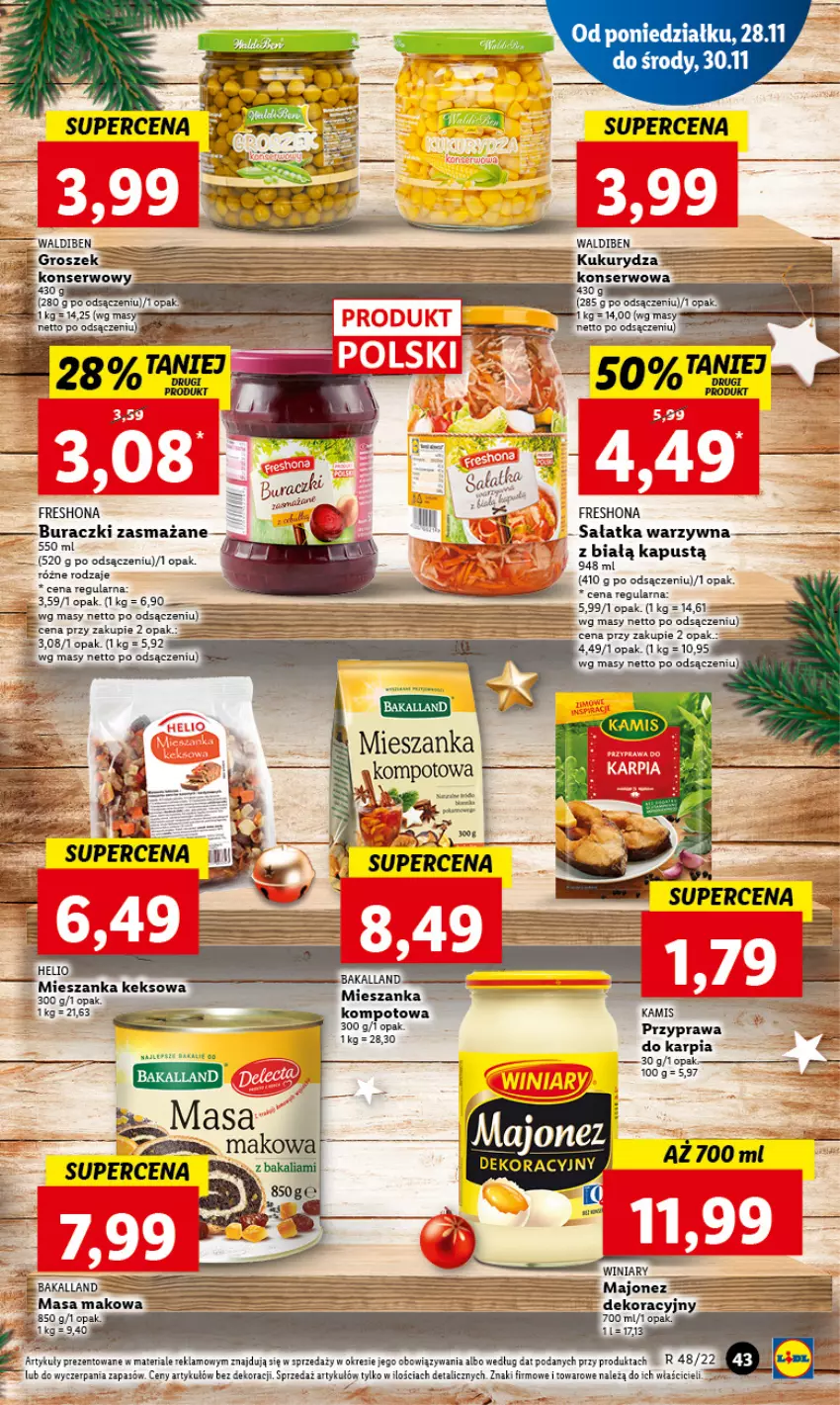 Gazetka promocyjna Lidl - GAZETKA - ważna 28.11 do 30.11.2022 - strona 45 - produkty: Bakalland, Buraczki, Groszek, Kamis, Kapustą, Karp, Kukurydza, Majonez, Sałat, Sałatka, Sałatka warzywna, Ser