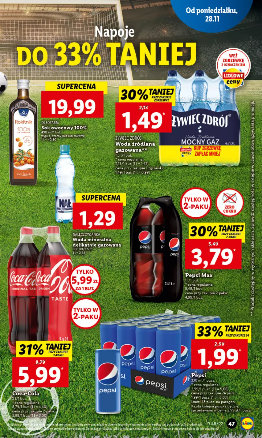 Gazetka promocyjna Lidl - GAZETKA - ważna 28.11 do 30.11.2022 - strona 51 - produkty: Fa, Gin, Nałęczowianka, Olej, Pepsi, Pepsi max, Sok, Woda, Woda mineralna