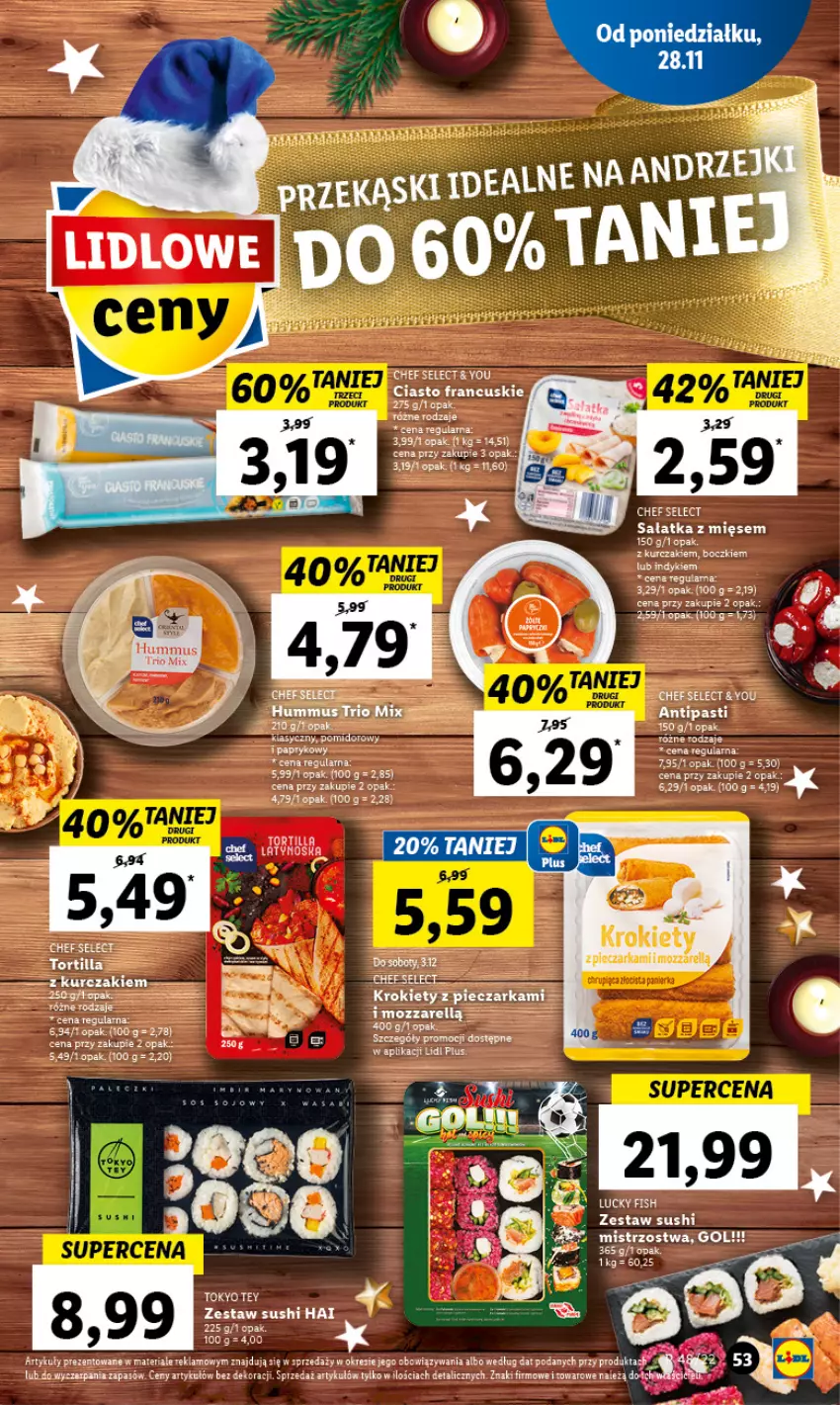 Gazetka promocyjna Lidl - GAZETKA - ważna 28.11 do 30.11.2022 - strona 57 - produkty: Ciasto francuskie, Hummus, Krokiety, Mus, Piec, Pieczarka, Sałat, Sałatka, Sushi, Top, Tortilla