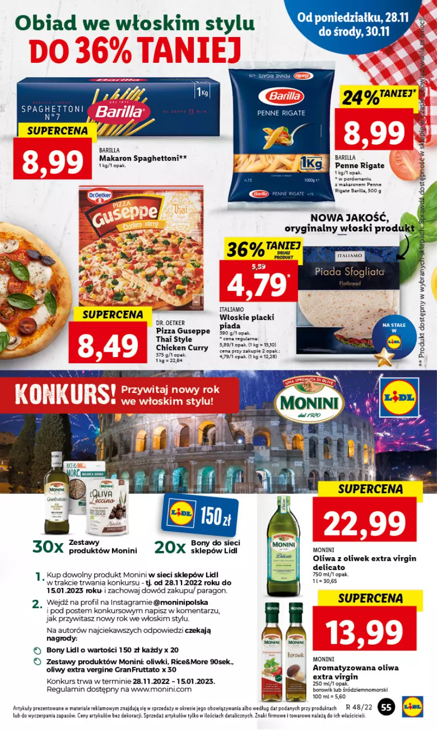 Gazetka promocyjna Lidl - GAZETKA - ważna 28.11 do 30.11.2022 - strona 59 - produkty: Barilla, Gin, Gra, Lack, Makaron, Monini, Oliwa z oliwek, Oliwki, Penne, Pizza, Por