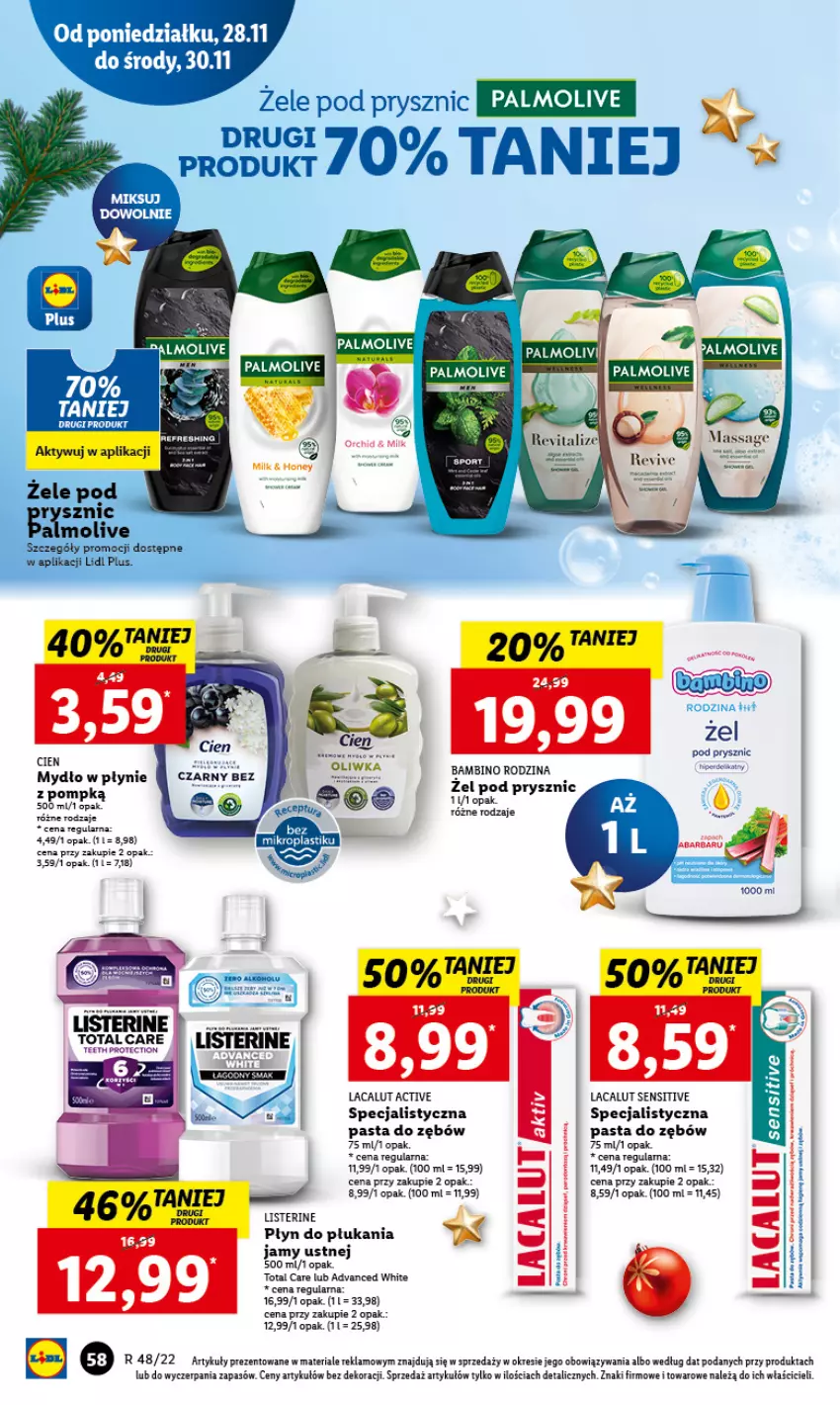 Gazetka promocyjna Lidl - GAZETKA - ważna 28.11 do 30.11.2022 - strona 62 - produkty: Lacalut, Listerine, Mydło, Mydło w płynie, Palmolive, Pasta do zębów, Płyn do płukania, Płyn do płukania jamy ustnej