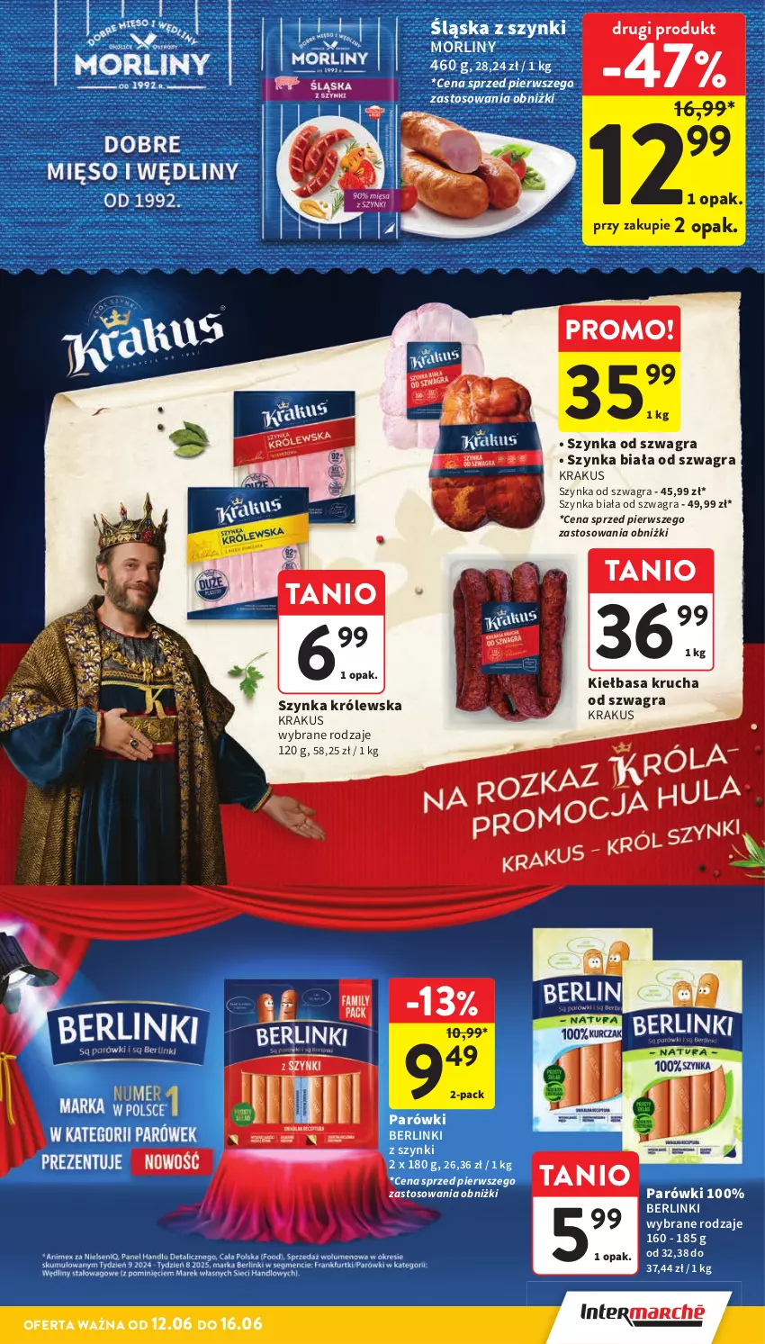 Gazetka promocyjna Intermarche - Gazetka Intermarche - ważna 12.06 do 16.06.2025 - strona 15 - produkty: Berlinki, Gra, Kiełbasa, Kiełbasa krucha, Krakus, Morliny, Parówki, Szynka, Szynka biała, Szynka Królewska