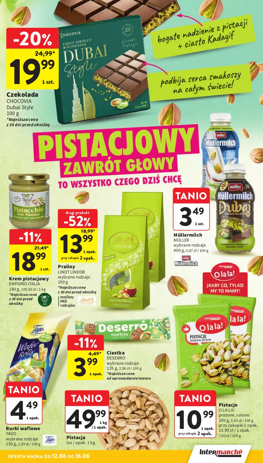 Gazetka promocyjna Intermarche - Gazetka Intermarche - ważna 12.06 do 16.06.2025 - strona 25 - produkty: Ciastka, Czekolada, Deser, Krem pistacjowy, Lindor, Lindt, Müller, Müllermilch, Pistacje, Por, Praliny, Rurki, Ser, Tago