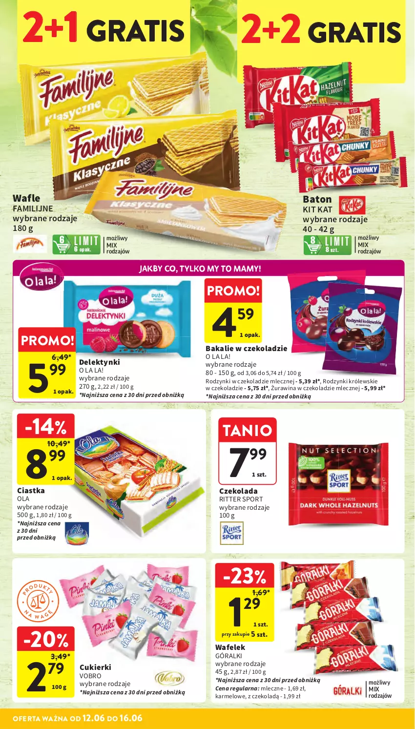 Gazetka promocyjna Intermarche - Gazetka Intermarche - ważna 12.06 do 16.06.2025 - strona 28 - produkty: Baton, Ciastka, Cukier, Cukierki, Czekolada, Fa, Góralki, Gra, Kit Kat, Królewski, Por, Ritter Sport, Rodzynki, Sport, Wafelek, Wafle