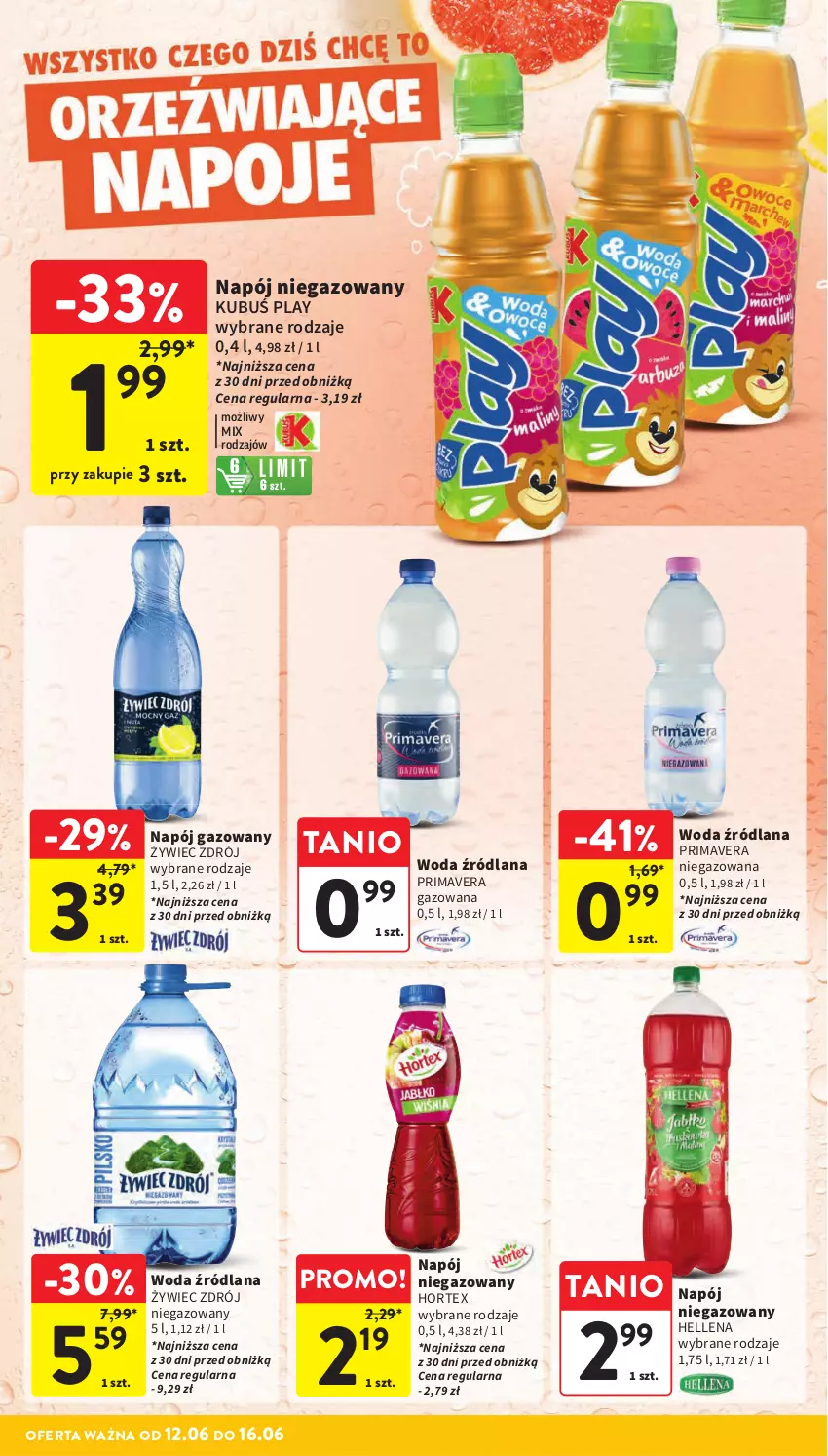 Gazetka promocyjna Intermarche - Gazetka Intermarche - ważna 12.06 do 16.06.2025 - strona 34 - produkty: Hellena, Hortex, Kubuś, LANA, Napój, Napój gazowany, Napój niegazowany, Prima, Primavera, Woda