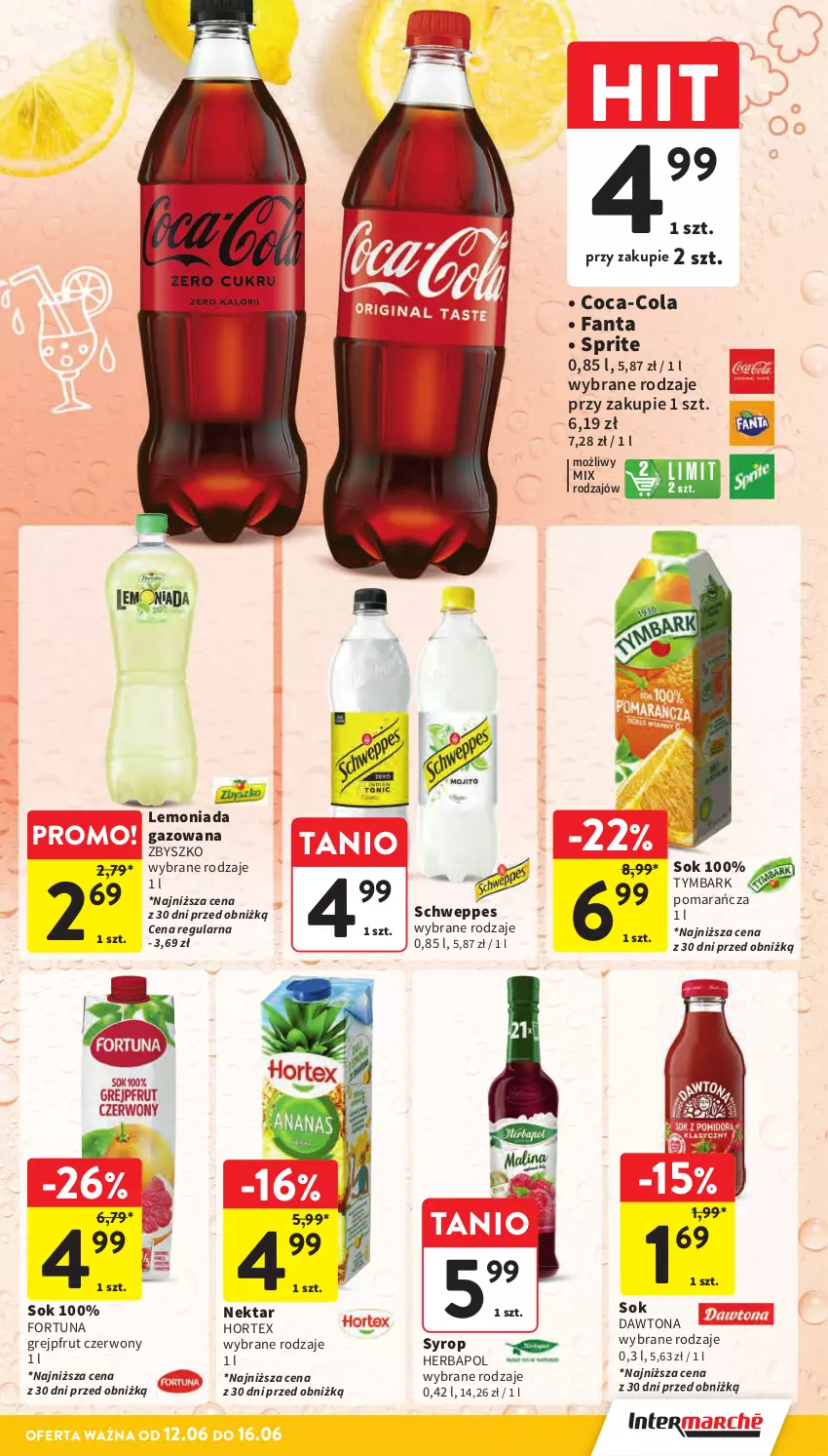 Gazetka promocyjna Intermarche - Gazetka Intermarche - ważna 12.06 do 16.06.2025 - strona 35 - produkty: Coca-Cola, Dawtona, Fa, Fanta, Fortuna, Grejpfrut, Herbapol, Hortex, Lemoniada, Nektar, Schweppes, Sok, Sprite, Syrop, Tymbark