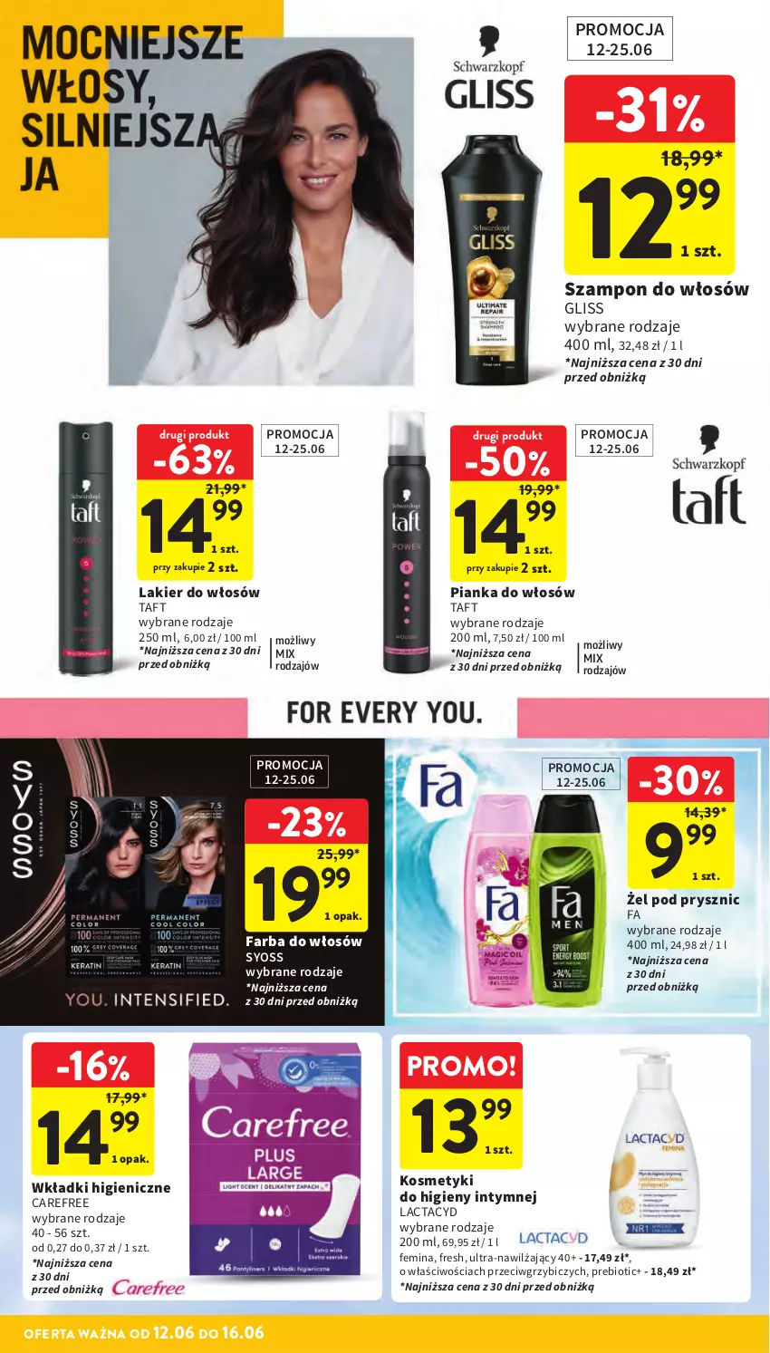 Gazetka promocyjna Intermarche - Gazetka Intermarche - ważna 12.06 do 16.06.2025 - strona 42 - produkty: BIC, Carefree, Fa, Farba do włosów, Lactacyd, Lakier, Lakier do włosów, Pianka do włosów, Syoss, Szampon, Taft, Wkładki