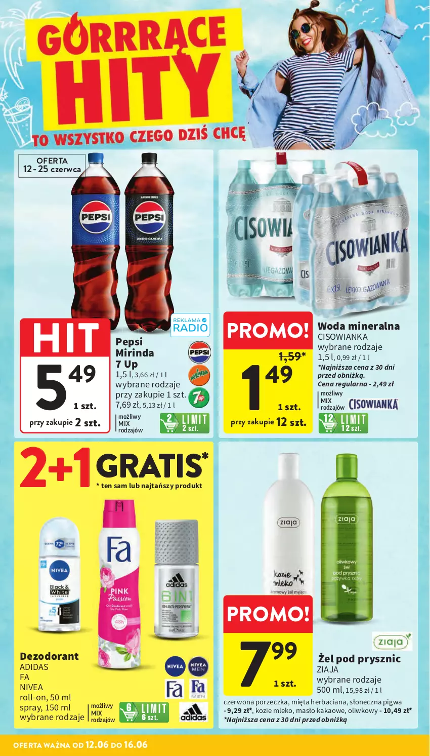 Gazetka promocyjna Intermarche - Gazetka Intermarche - ważna 12.06 do 16.06.2025 - strona 6 - produkty: Adidas, Cisowianka, Dezodorant, Fa, Gra, Kakao, Masło, Mięta, Mirinda, Mleko, Nivea, Pepsi, Por, Woda, Woda mineralna, Ziaja