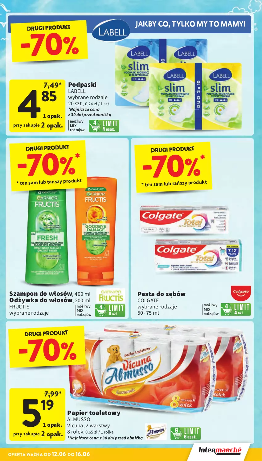 Gazetka promocyjna Intermarche - Gazetka Intermarche - ważna 12.06 do 16.06.2025 - strona 7 - produkty: Bell, Colgate, Fructis, LG, Mus, Odżywka, Papier, Papier toaletowy, Pasta do zębów, Podpaski, Szampon