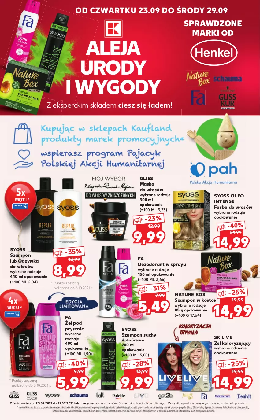 Gazetka promocyjna Kaufland - Oferta specjalna - ważna 23.09 do 29.09.2021 - strona 1 - produkty: Dezodorant, Fa, Farba do włosów, Maska, Maska do włosów, Nature Box, Odżywka, Oleo, Syoss, Szampon