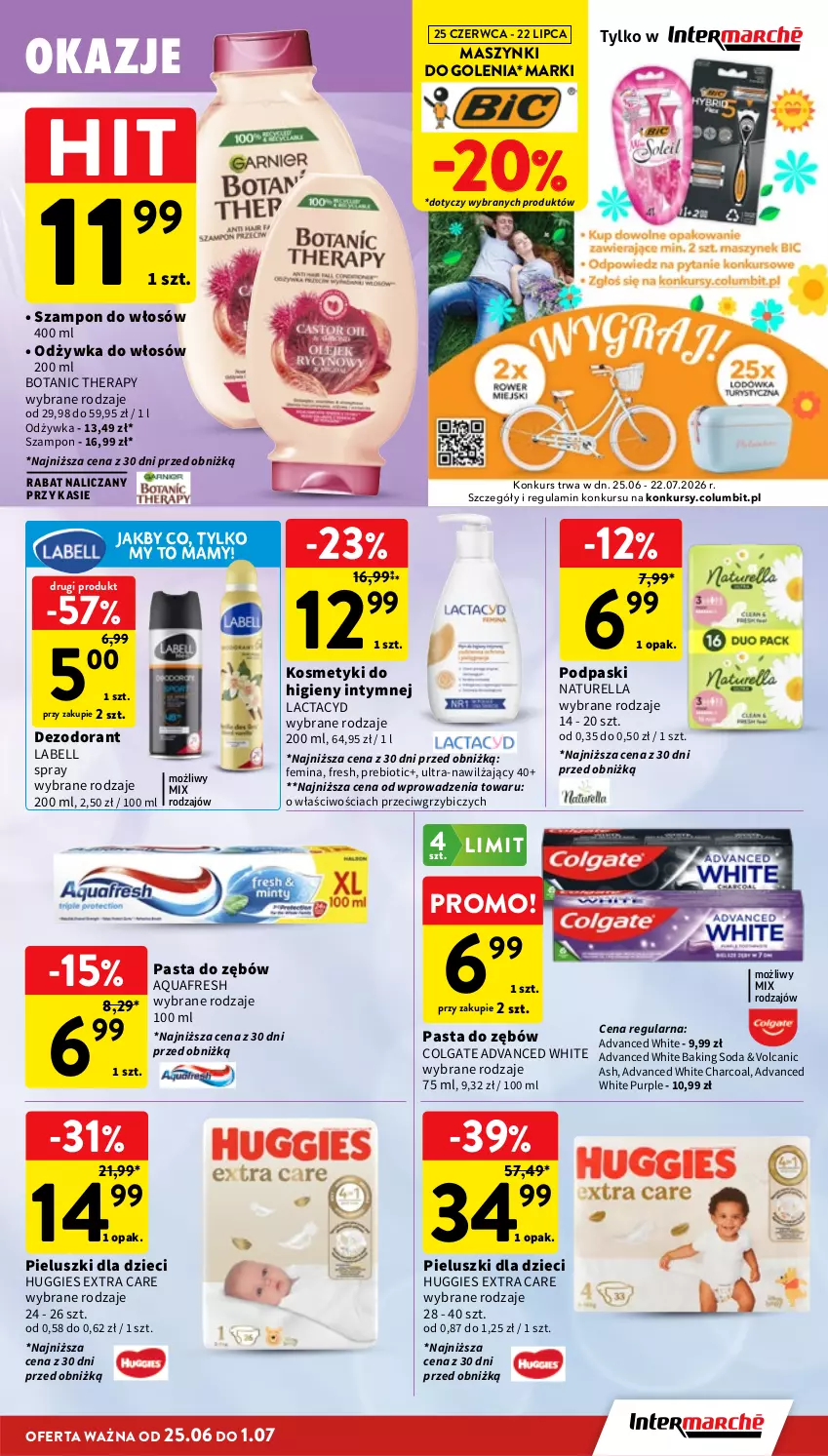 Gazetka promocyjna Intermarche - Gazetka Intermarche - ważna 25.06 do 01.07.2026 - strona 39 - produkty: Aquafresh, Bell, BIC, Colgate, Dezodorant, Dzieci, Huggies, Lactacyd, LG, Naturell, Naturella, Odżywka, Pasta do zębów, Podpaski, Pur, Szampon