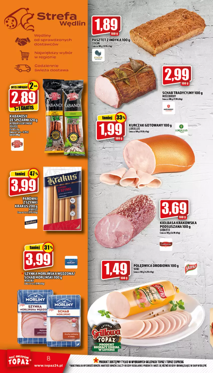 Gazetka promocyjna Topaz - Gazetka - ważna 02.06 do 08.06.2022 - strona 8 - produkty: Kiełbasa, Kiełbasa krakowska, Kurczak, Kurczak gotowany, Sok, Szynka, Top