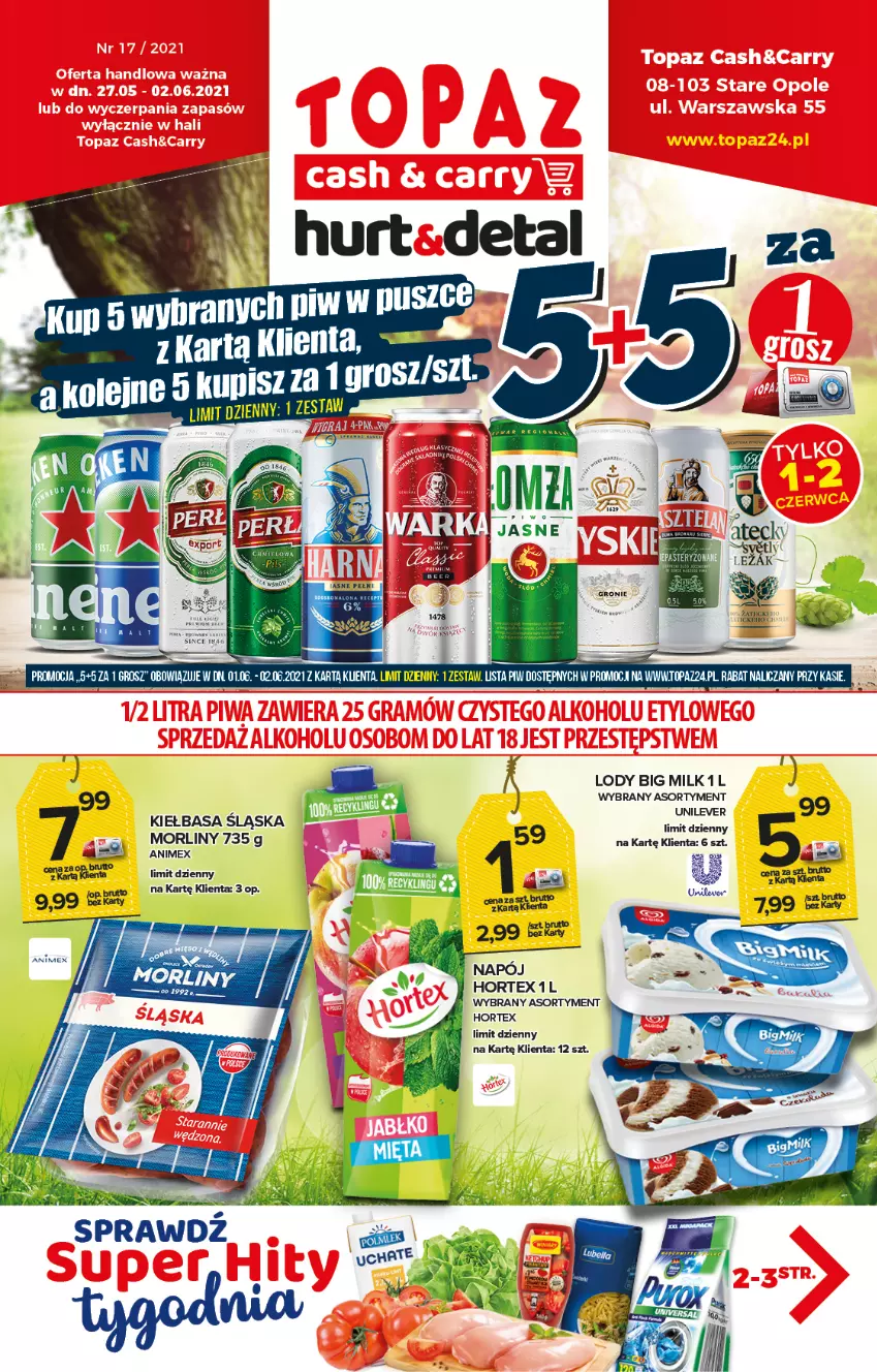 Gazetka promocyjna Topaz - Gazetka - ważna 27.05 do 02.06.2021 - strona 1 - produkty: Big Milk, Hortex, Kiełbasa, Kiełbasa śląska, Lody, Morliny, Napój