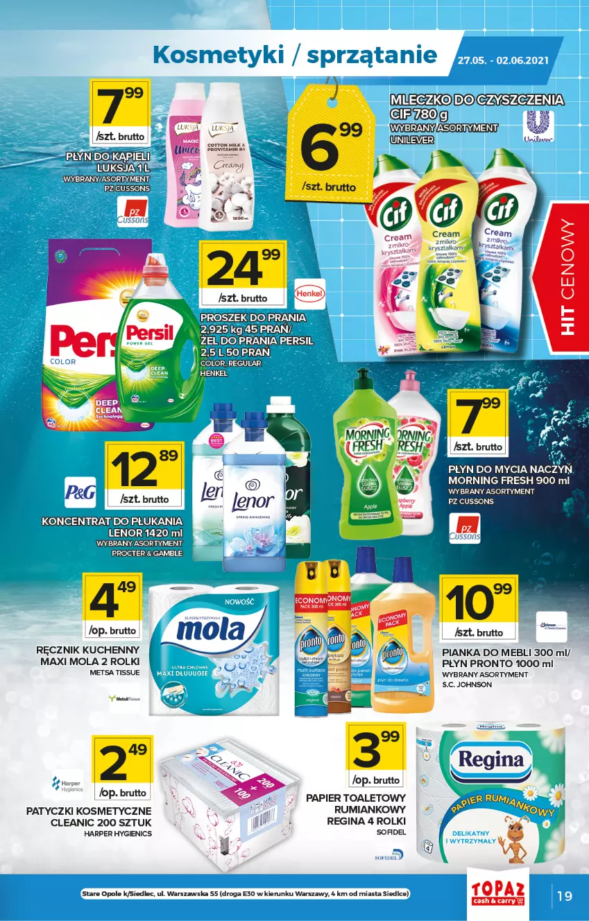 Gazetka promocyjna Topaz - Gazetka - ważna 27.05 do 02.06.2021 - strona 19 - produkty: Cleanic, Do mycia naczyń, Gin, Karp, Lenor, Luksja, Miecz, Mola, NBA, Patyczki kosmetyczne, Persil, Płyn do mycia, Płyn do mycia naczyń, Pronto, Ręcznik, Ręcznik kuchenny, Rolki, Rum