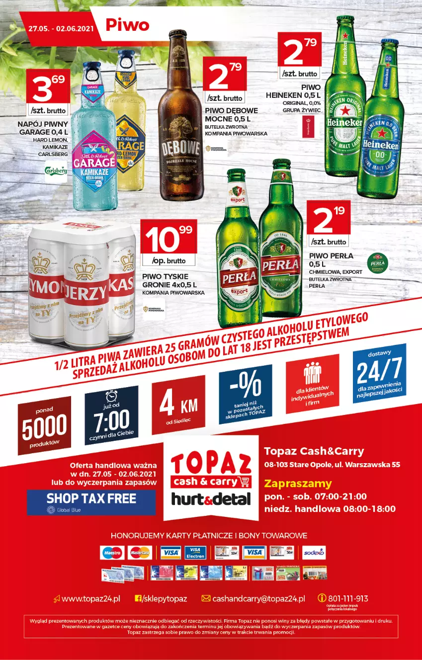 Gazetka promocyjna Topaz - Gazetka - ważna 27.05 do 02.06.2021 - strona 20 - produkty: Carlsberg, Gin, Heineken, Napój, Perła, Piwo, Sos, Tyskie