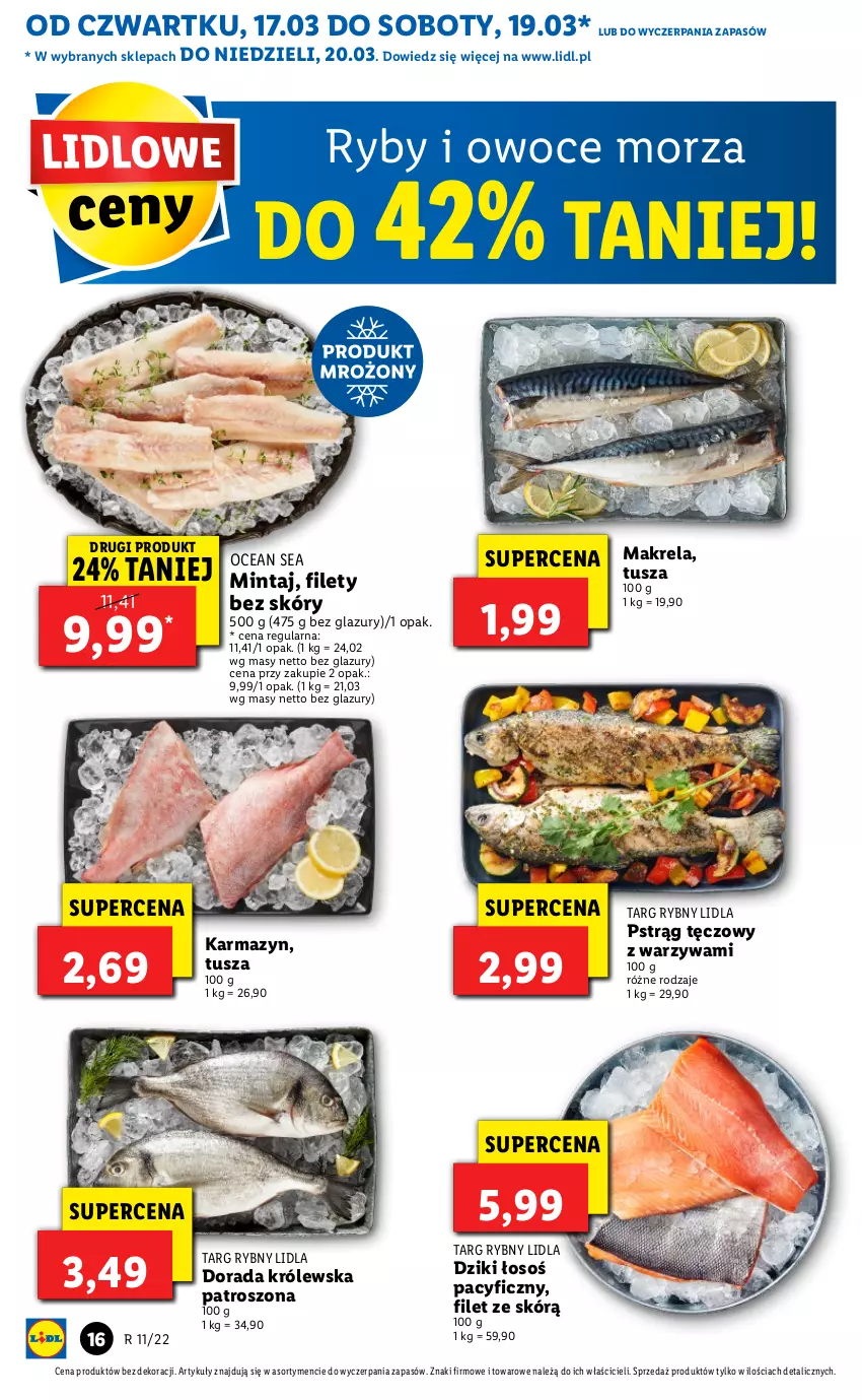 Gazetka promocyjna Lidl - GAZETKA - ważna 17.03 do 20.03.2022 - strona 16 - produkty: Lazur, Mintaj, Owoce, Owoce morza, Pstrąg, Pstrąg tęczowy, Ryby i owoce morza, Tusz, Warzywa