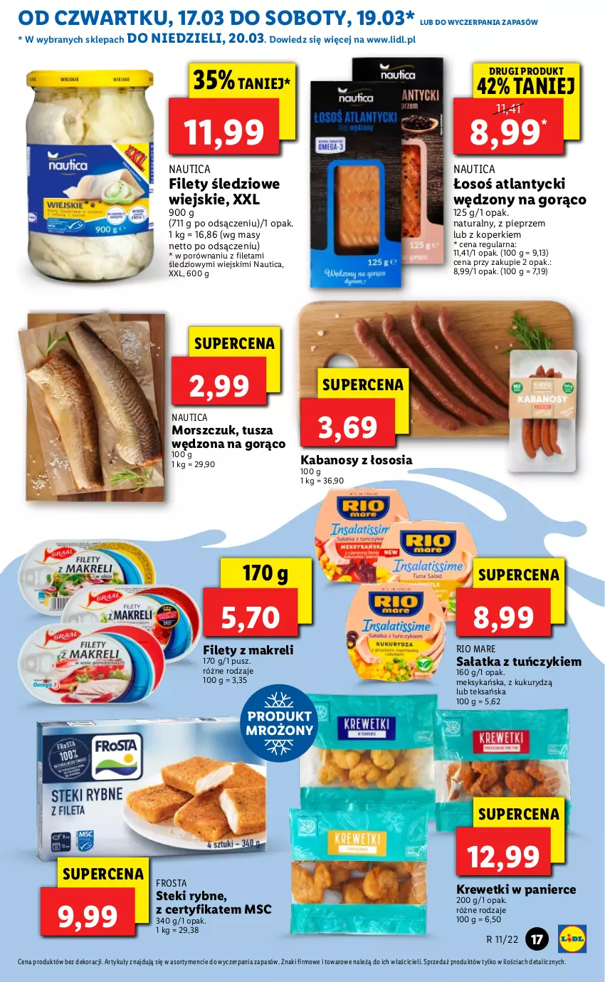 Gazetka promocyjna Lidl - GAZETKA - ważna 17.03 do 20.03.2022 - strona 17 - produkty: Frosta, Kabanos, Krewetki, Pieprz, Por, Rio Mare, Sałat, Sałatka, Sos, Stek, Tuńczyk, Tusz