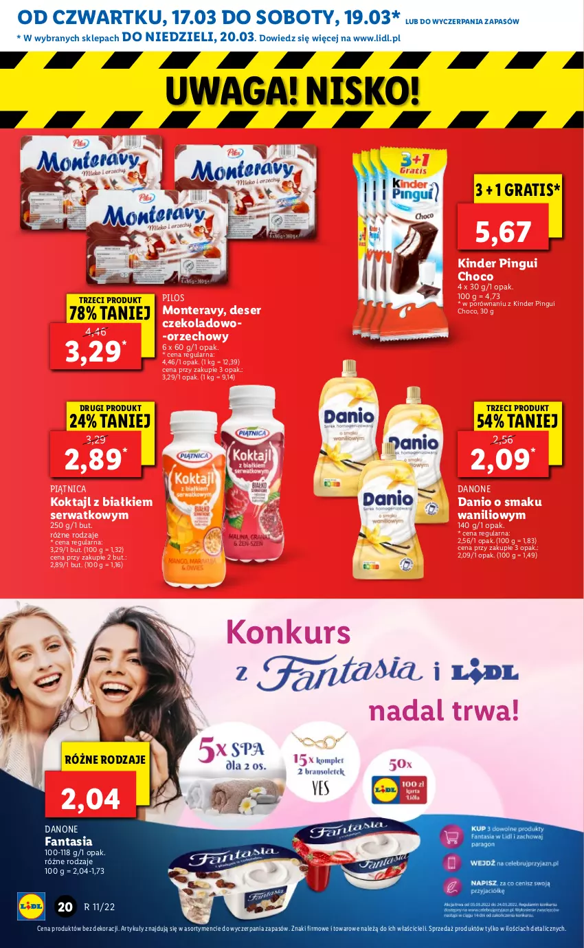 Gazetka promocyjna Lidl - GAZETKA - ważna 17.03 do 20.03.2022 - strona 20 - produkty: Danio, Danone, Danone Fantasia, Deser, Fa, Fanta, Gra, Kinder, Monte, Piątnica, Pilos, Por, Ser, Tera, Waga