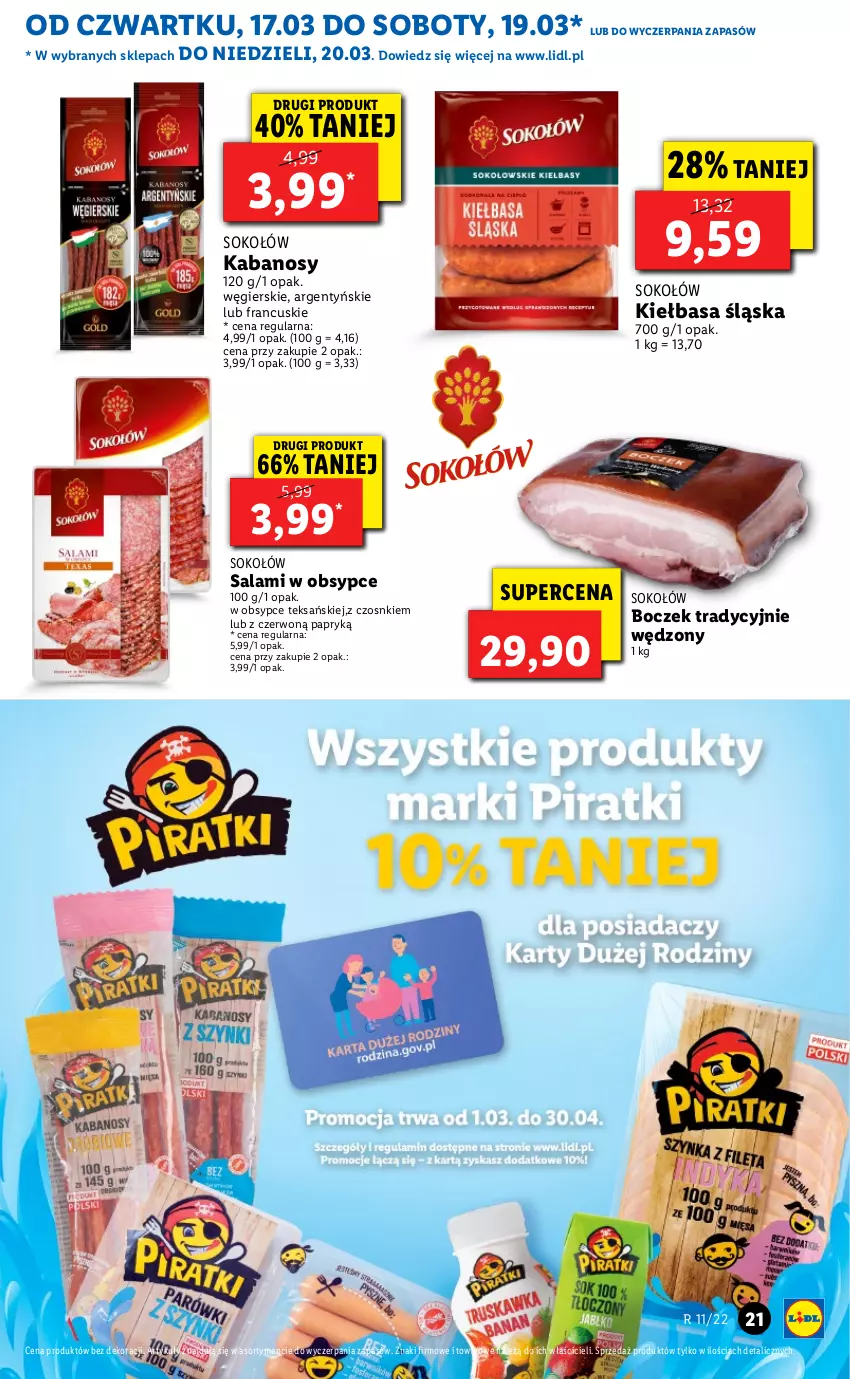 Gazetka promocyjna Lidl - GAZETKA - ważna 17.03 do 20.03.2022 - strona 21 - produkty: Boczek, Kabanos, Kiełbasa, Kiełbasa śląska, Salami, Sok, Sokołów