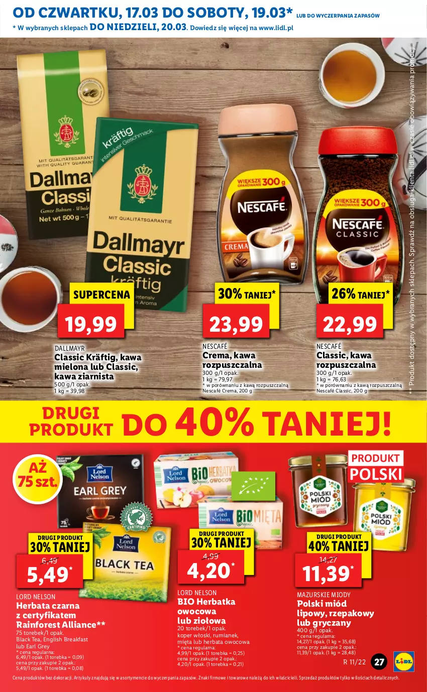 Gazetka promocyjna Lidl - GAZETKA - ważna 17.03 do 20.03.2022 - strona 27 - produkty: Dallmayr, Earl Grey, Fa, Gry, Herbata, Herbata czarna, Herbata owocowa, Kawa, Kawa rozpuszczalna, Koper włoski, Lack, Mięta, Miód, Nescafé, Por, Rum, Torebka