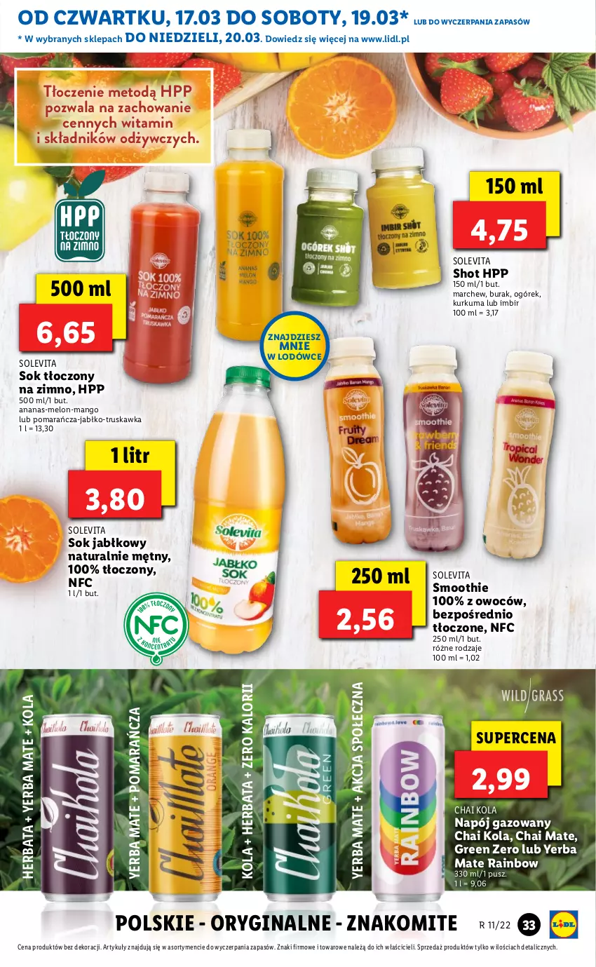 Gazetka promocyjna Lidl - GAZETKA - ważna 17.03 do 20.03.2022 - strona 33 - produkty: Ananas, Gin, Herbata, HP, Imbir, Kurkuma, Mango, Melon, Napój, Napój gazowany, Ogórek, Smoothie, Sok, Sok jabłkowy