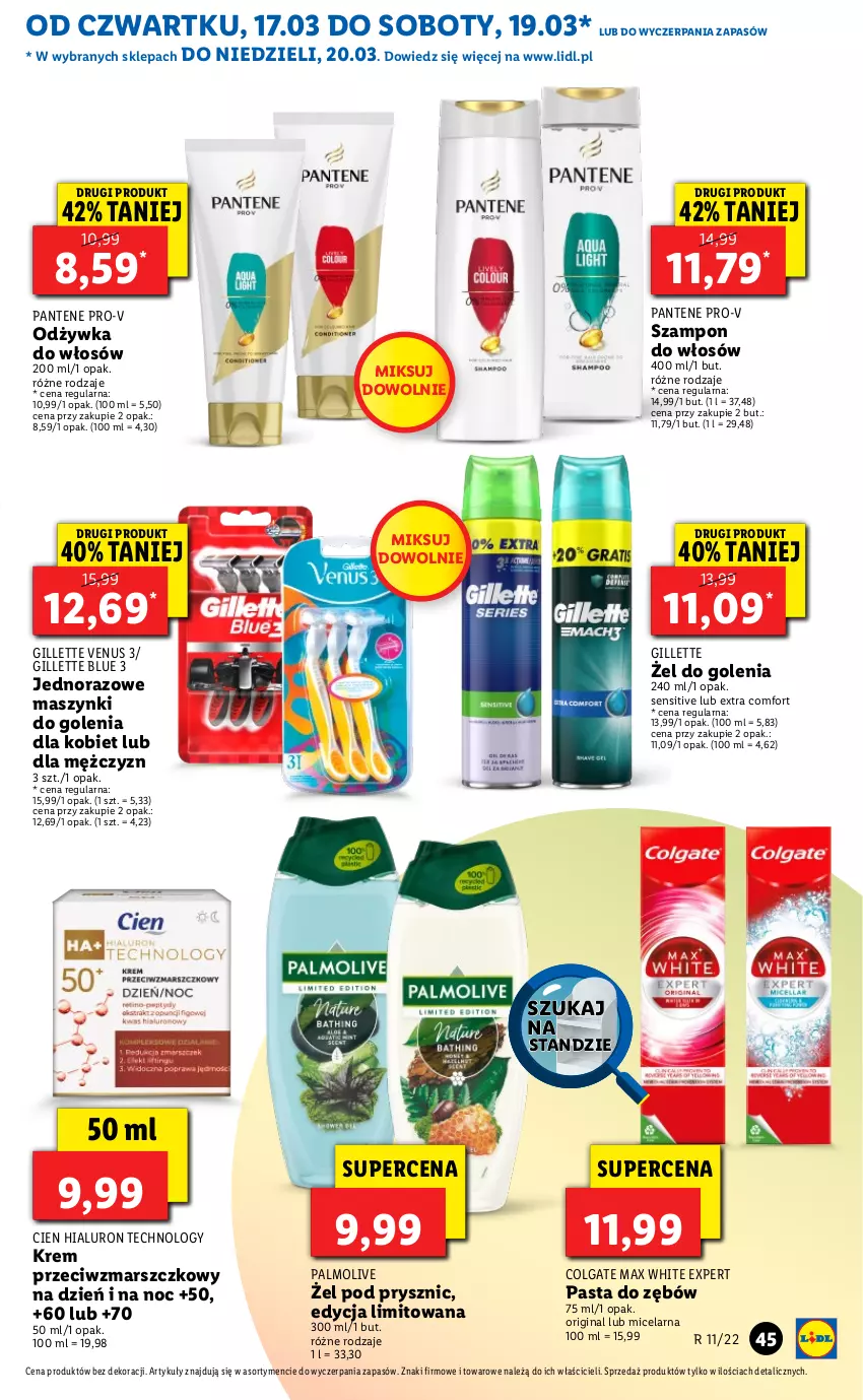 Gazetka promocyjna Lidl - GAZETKA - ważna 17.03 do 20.03.2022 - strona 45 - produkty: Colgate, Gillette, Gillette Venus, Gin, Krem przeciwzmarszczkowy, LG, Mars, Odżywka, Palmolive, Pantene, Pasta do zębów, Szampon, Venus