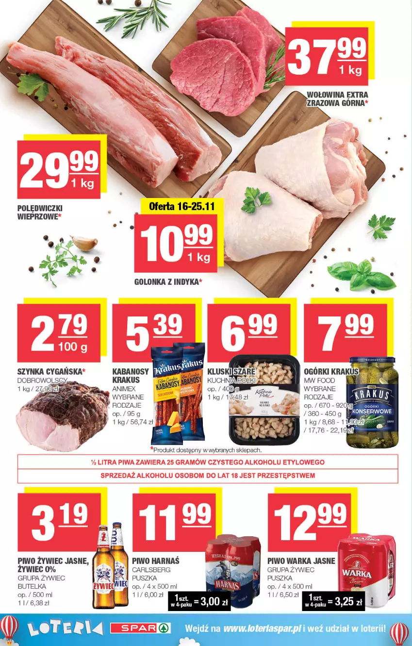 Gazetka promocyjna Spar - Spar - ważna 13.11 do 23.11.2023 - strona 4 - produkty: Carlsberg, Fa, Golonka z indyka, Harnaś, Kabanos, Krakus, Mus, Piwo, Ser, Szynka, Szynka cygańska, Warka