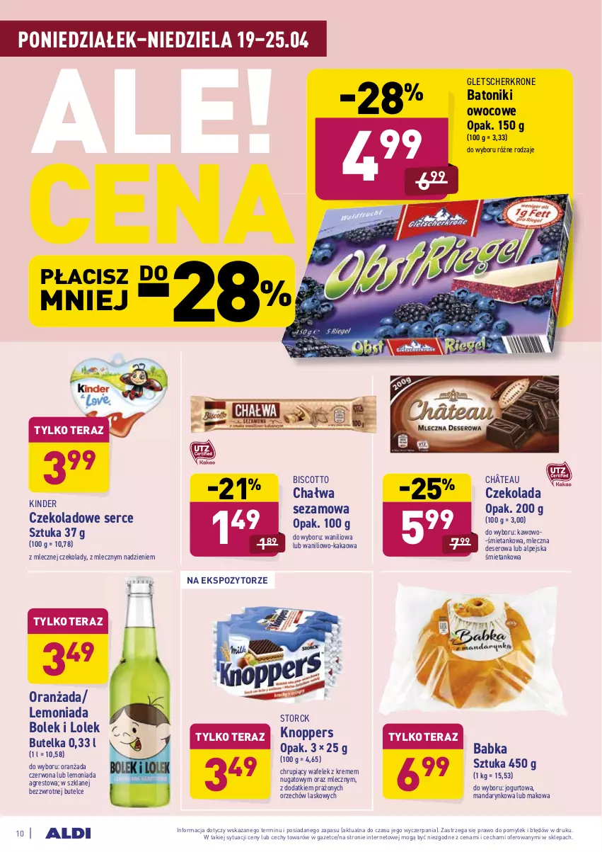 Gazetka promocyjna Aldi - Ale akcja - ważna 19.04 do 25.04.2021 - strona 10 - produkty: Babka, Baton, Chałwa, Czekolada, Deser, Gletscherkrone, Gres, Jogurt, Kakao, Kinder, Knoppers, Lemoniada, Oranżada, Ser, Sezam, Tera, Tonik, Wafelek