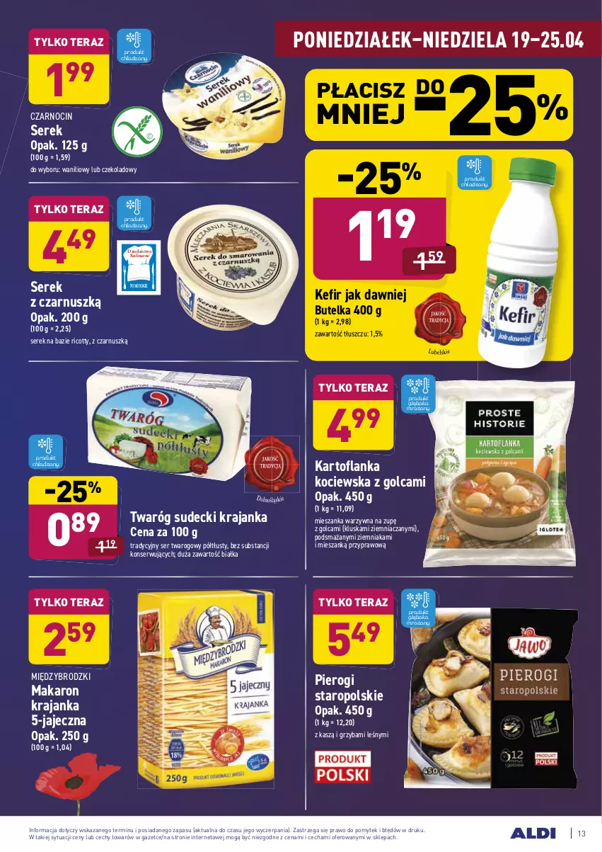 Gazetka promocyjna Aldi - Ale akcja - ważna 19.04 do 25.04.2021 - strona 13 - produkty: Kefir, Koc, Makaron, Mieszanka warzyw, Pierogi, Ser, Ser twarogowy, Serek, Tera, Twaróg