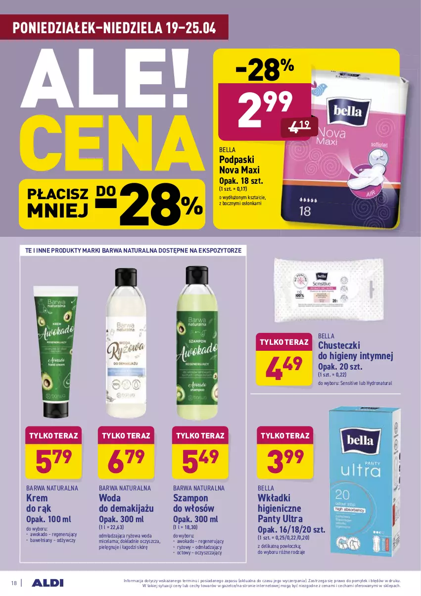 Gazetka promocyjna Aldi - Ale akcja - ważna 19.04 do 25.04.2021 - strona 18 - produkty: Barwa Naturalna, Bell, Bella, Chusteczki, Chusteczki do higieny, Dron, Krem do rąk, Makijaż, Osłonka, Podpaski, Ryż, Szampon, Tera, Wkładki, Woda, Woda micelarna