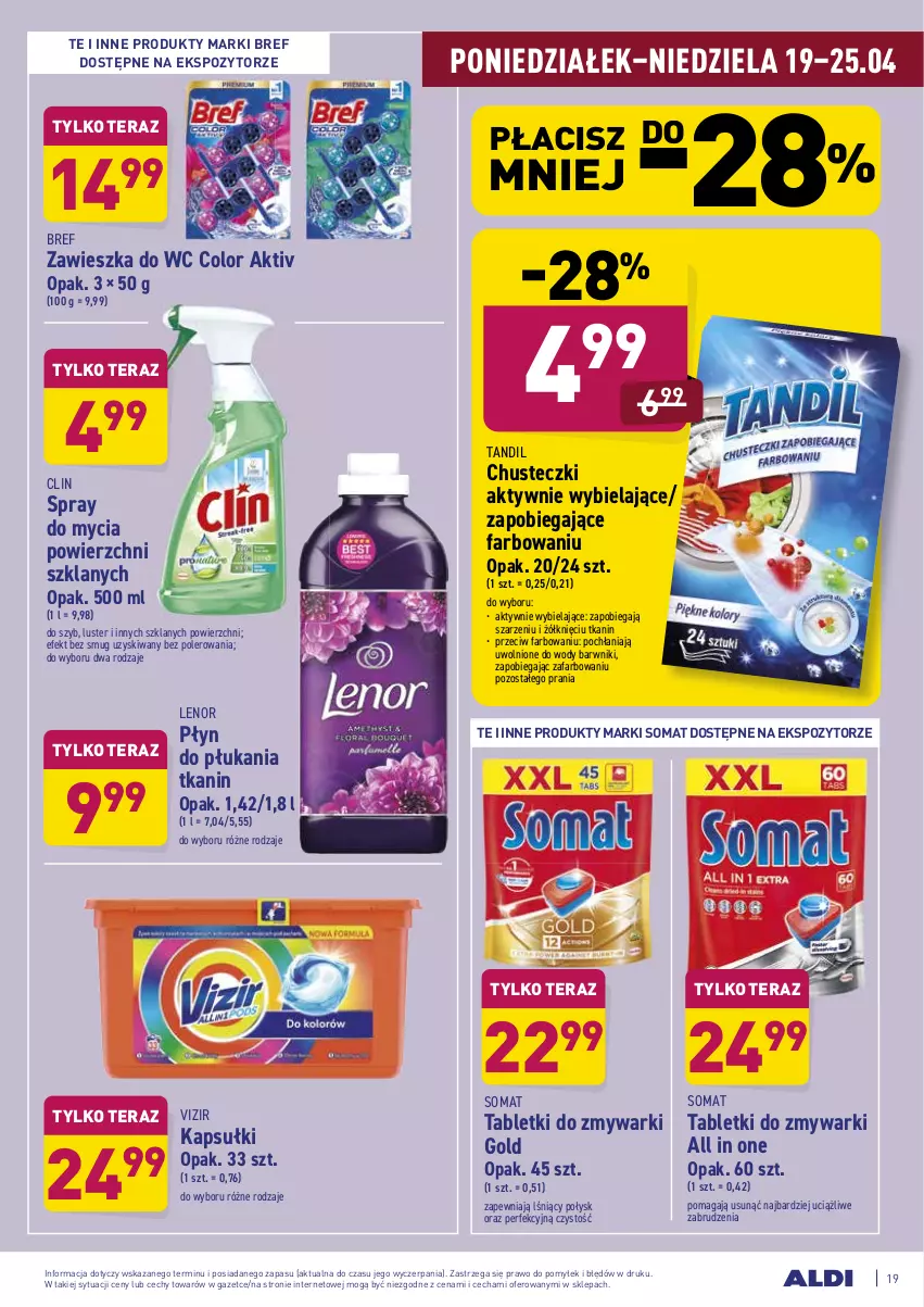 Gazetka promocyjna Aldi - Ale akcja - ważna 19.04 do 25.04.2021 - strona 19 - produkty: Bref, Chusteczki, Clin, Fa, Lenor, Płyn do płukania, Somat, Tablet, Tabletki do zmywarki, Tera, Vizir, Zawieszka do wc, Zmywarki