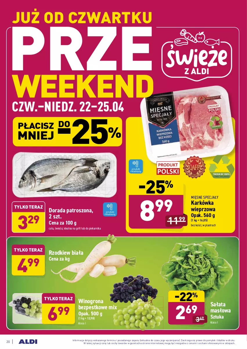 Gazetka promocyjna Aldi - Ale akcja - ważna 19.04 do 25.04.2021 - strona 20 - produkty: Grill, Karkówka wieprzowa, Masło, Mięsne specjały, Piekarnik, Sałat, Sałata masłowa, Tera, Wino, Winogrona, Winogrona bezpestkowe